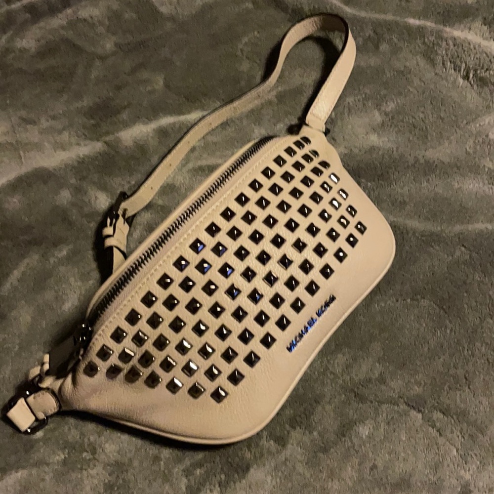 Michael Kors Beige Leather Rhea Pyramid Studded Waist Fanny Pouch Belt Bag